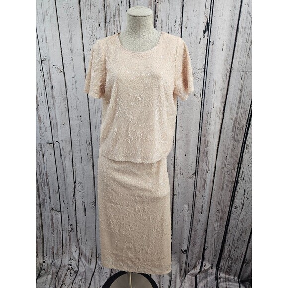 WN Women's M/L Lauren Conrad Peach Sequin Slip Skirt & Short Sleeve Blouse Set - Picture 4 of 11